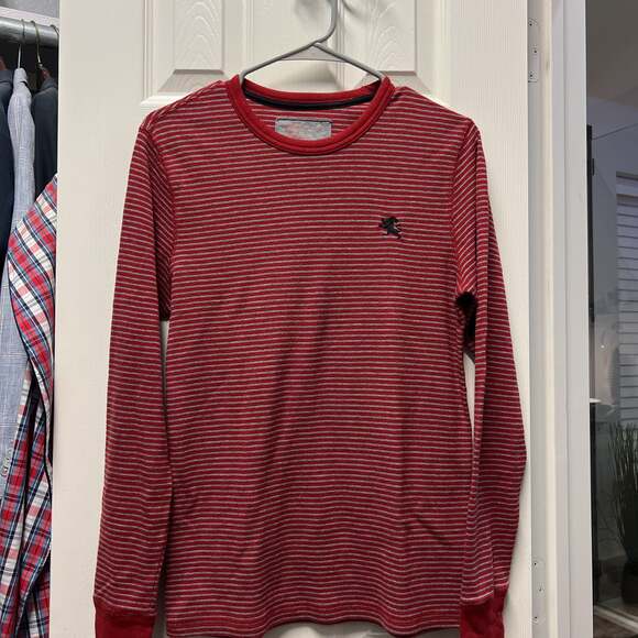 Express Waffle Knit Long Sleeve Thermal Shirt Red Blue Striped Mens Large - Picture 3 of 4